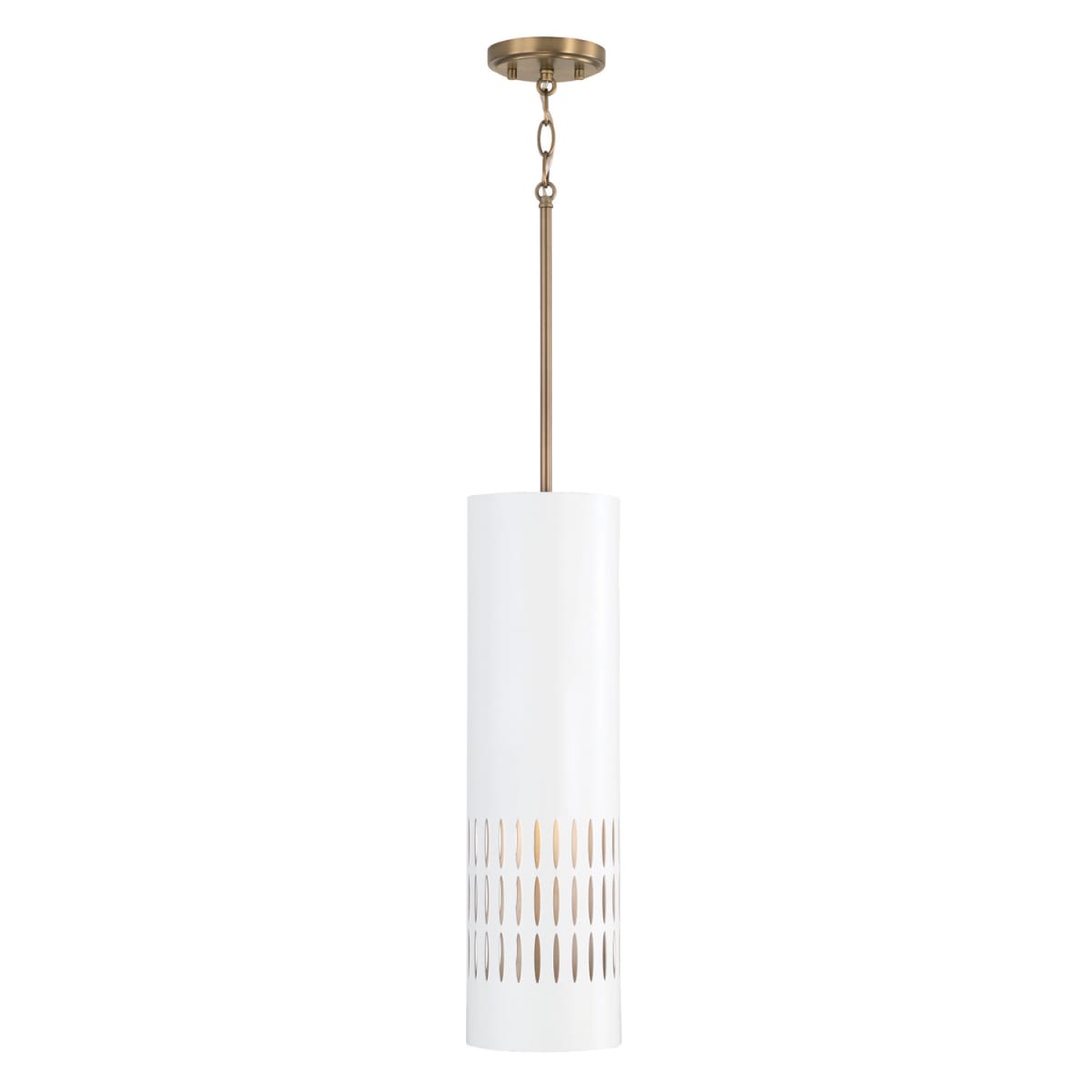 6.25"W x 21.75"H 1-Light Pendant in Aged Brass and White Metal Shade with Painted Aged Brass Interior