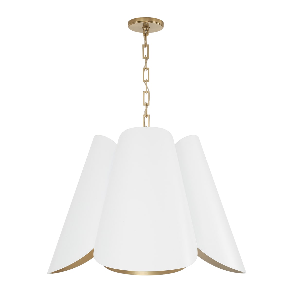 26.75" W x 18.75" H 4-Light Modern Botanical Pendant in Matte White with Painted Matte Brass Interior and Rectangular Designer Chain