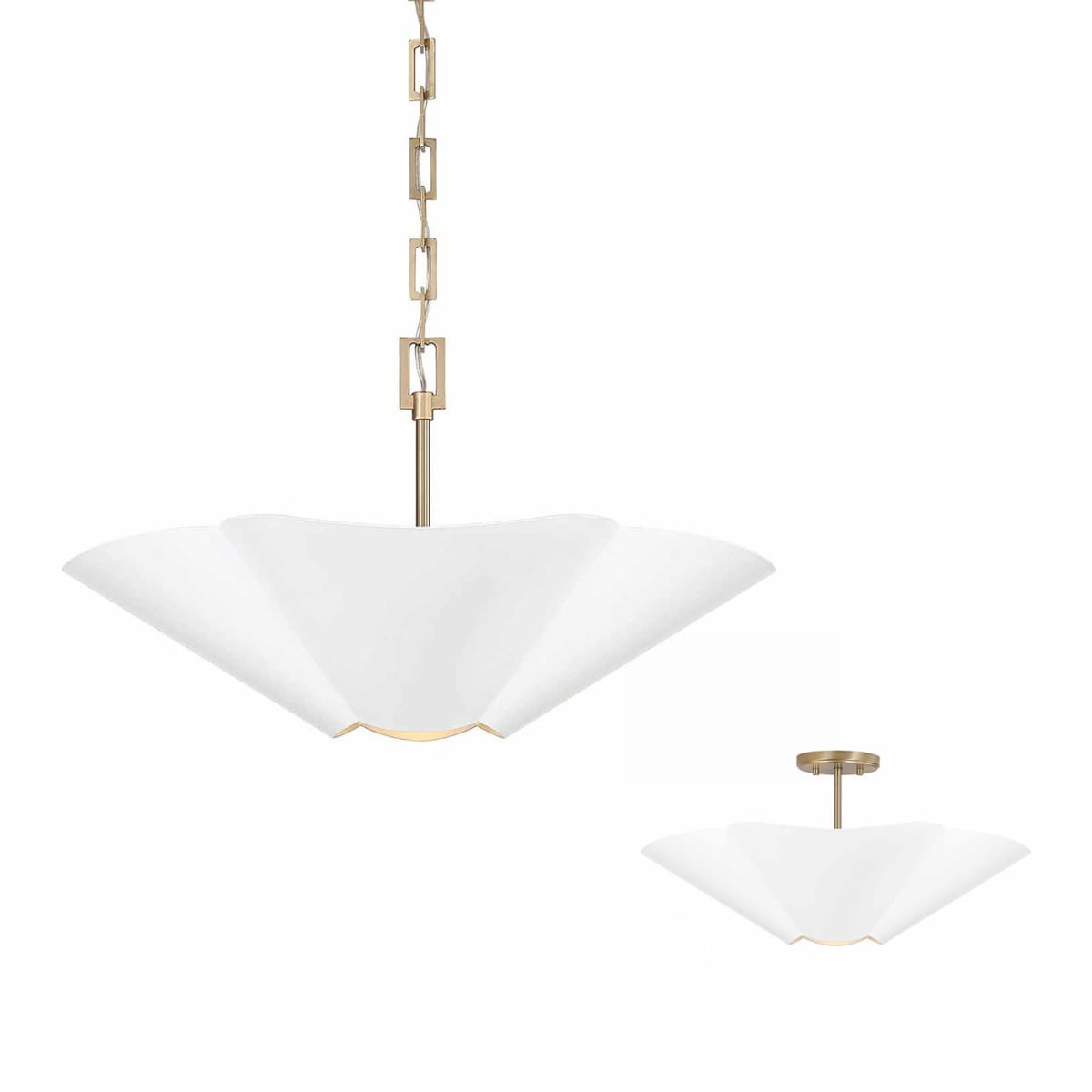 23.5" W x 7.25" H 4-Light Modern Botanical Dual Mount Pendant in Matte White with Painted Matte Brass Interior and Square Designer Chain