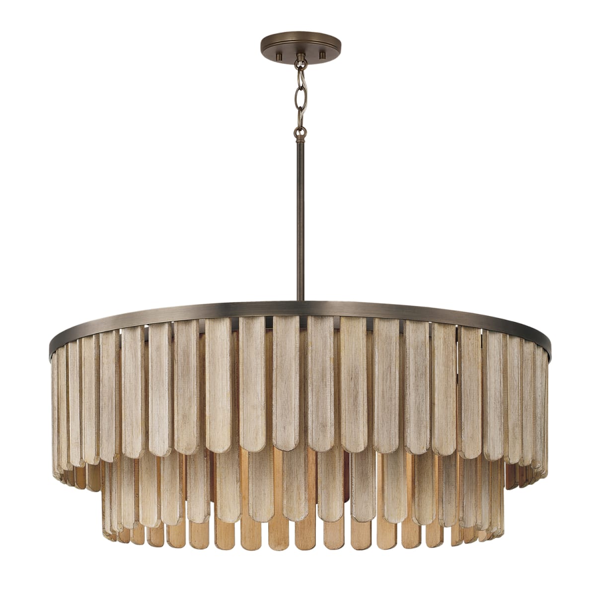 30" W x 11" H 6-Light Pendant in Dark Brass with Handcrafted Mango Wood in Nordic Grey Stain