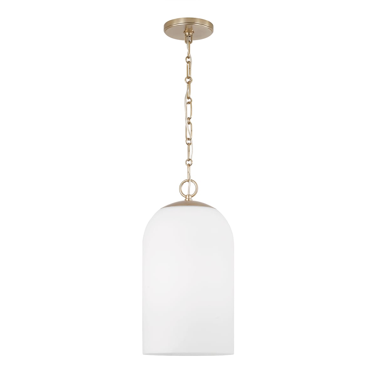 9" W x 18" H 1-Light Capsule Pendant in Matte Brass with Soft White Glass and Alternating Loop Designer Chain