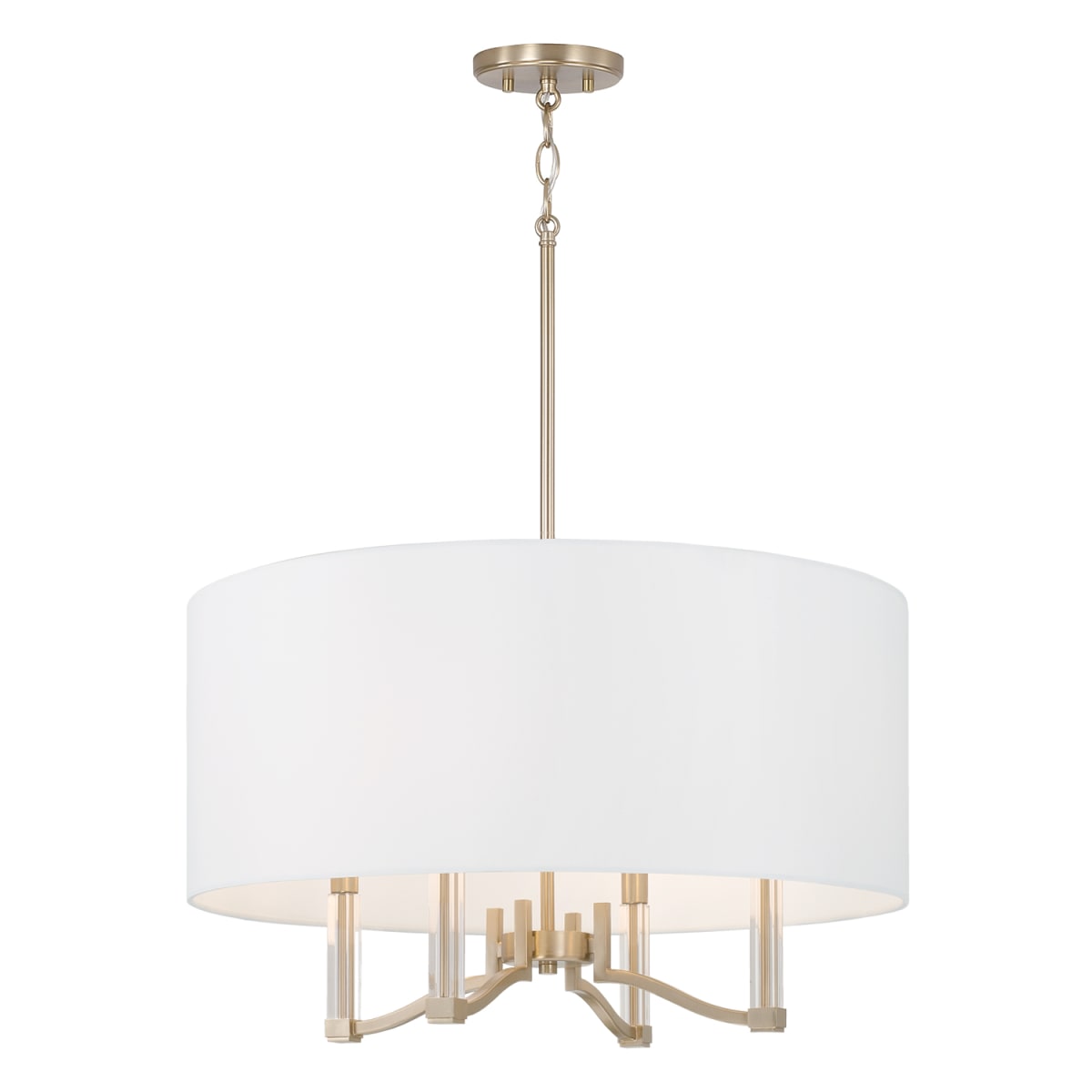 24" W x 14" H 4-Light Pendant in Matte Brass with Clear Acrylic Accents and White Fabric Shade