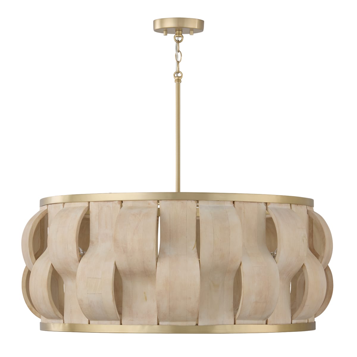32" W x 13.5" H 6-Light Handcrafted Drum Pendant in Matte Brass with Hand-carved Bleached Mango Wood Panels