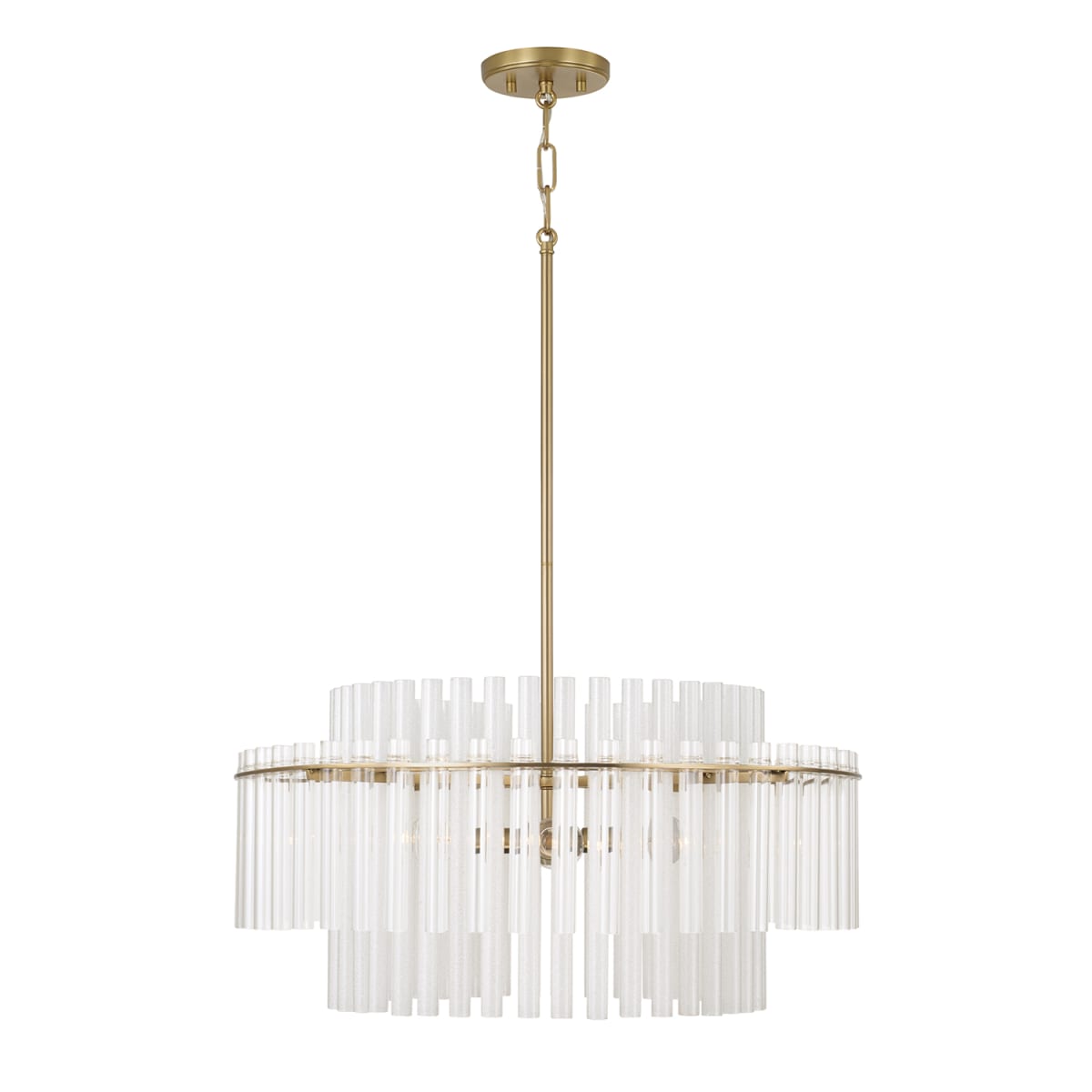 24" W x 17.25" H 4-Light Tiered Pendant in Aged Brass with Clear and Etched Glass Tubes