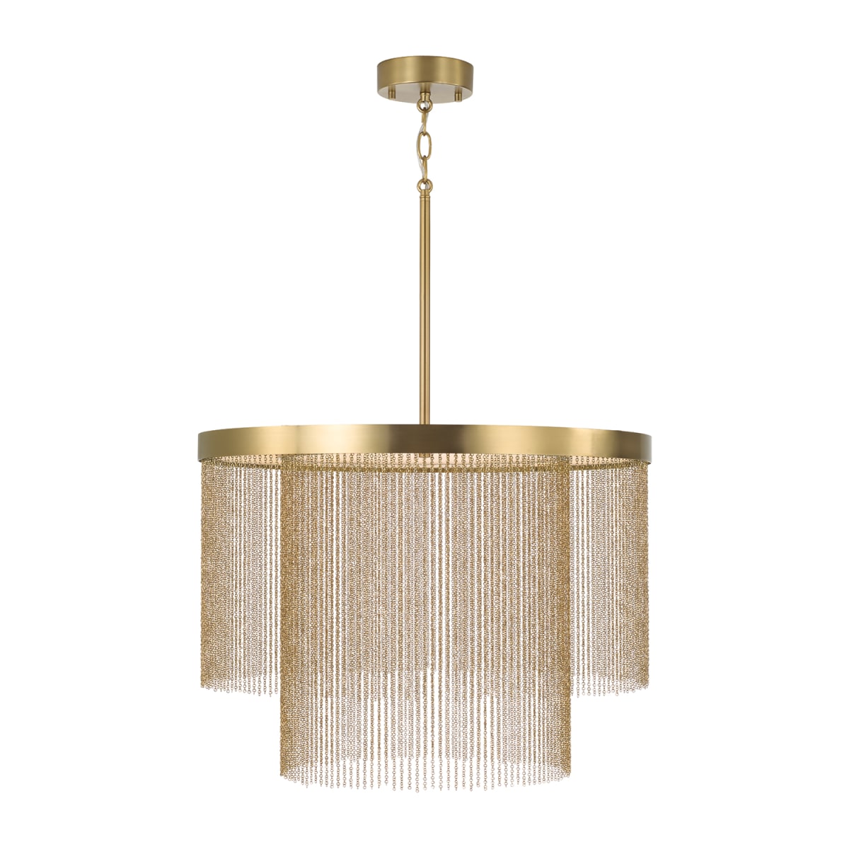 23.75" W x 18.25" H Integrated LED Double Ring Pendant in Aged Brass with Tiered Cascading Delicate Chains