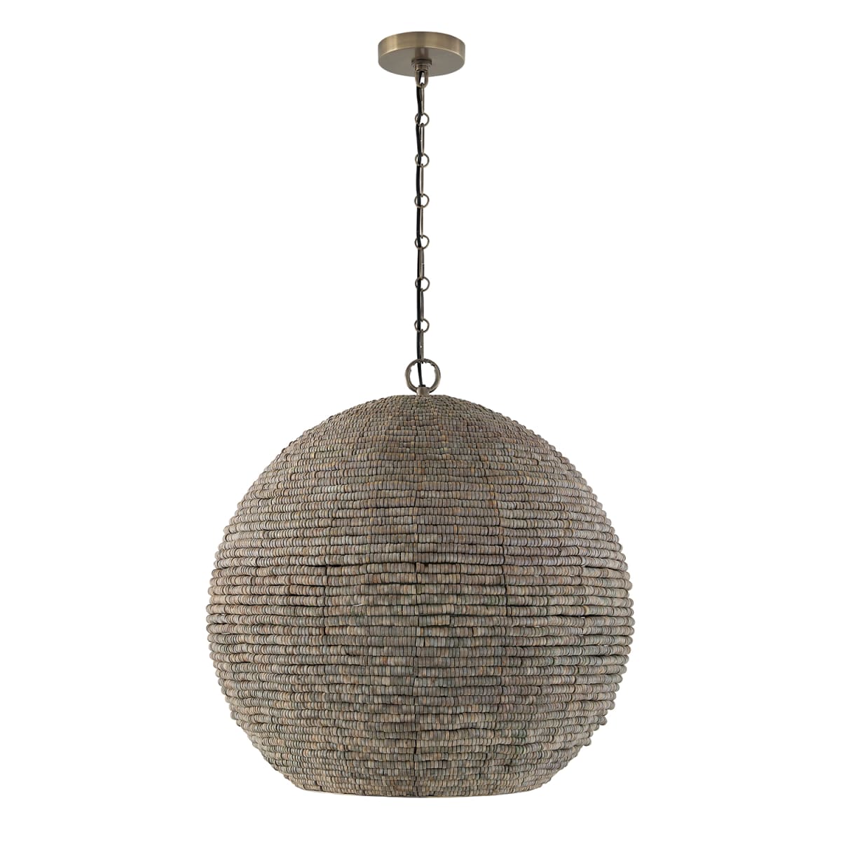 22.5" W x 24" H 1-Light Intricate Beaded Orb Pendant with Handcrafted Wooden Beads in Aegean Grey and Dark Brass with Inner Glass Globe and Decorative Designer Chain