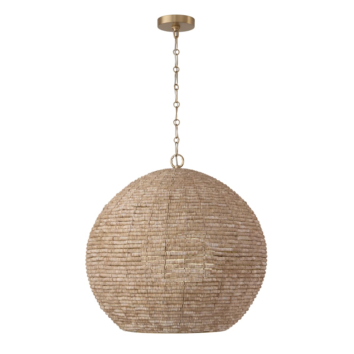 22.5" W x 24" H 1-Light Intricate Beaded Orb Pendant with Handcrafted Wooden Beads in Light Fawn and Matte Brass with Inner Glass Globe and Decorative Designer Chain