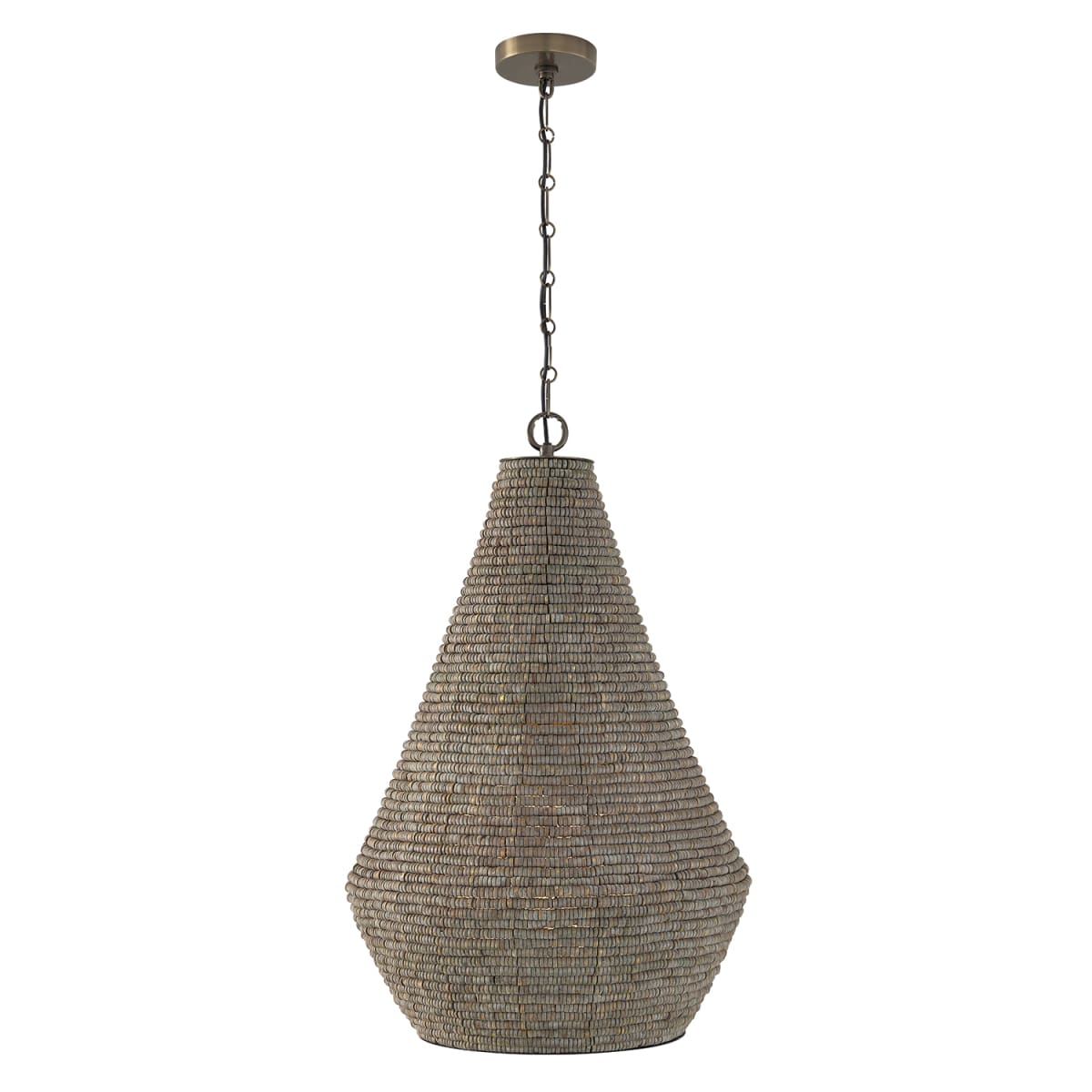 20" W x 30.5" H 1-Light Intricate Beaded Teardrop Pendant with Handcrafted Wooden Beads in Aegean Grey and Dark Brass with Inner Glass Globe and Decorative Designer Chain