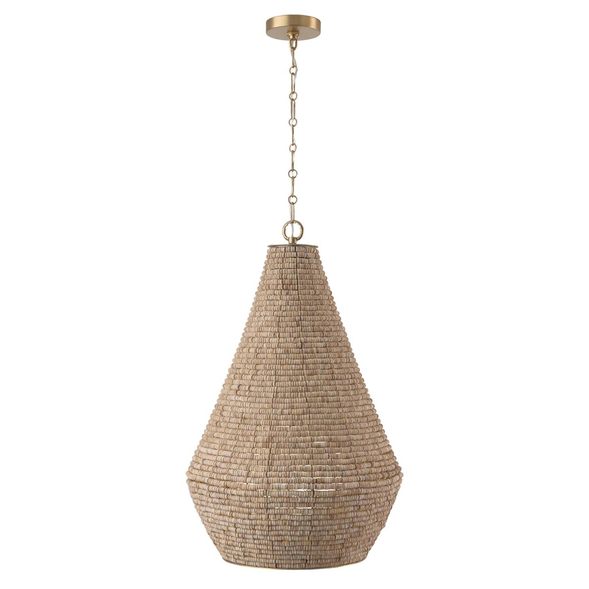 20" W x 30.5" H 1-Light Intricate Beaded Teardrop Pendant with Handcrafted Wooden Beads in Light Fawn and Matte Brass with Inner Glass Globe and Decorative Designer Chain