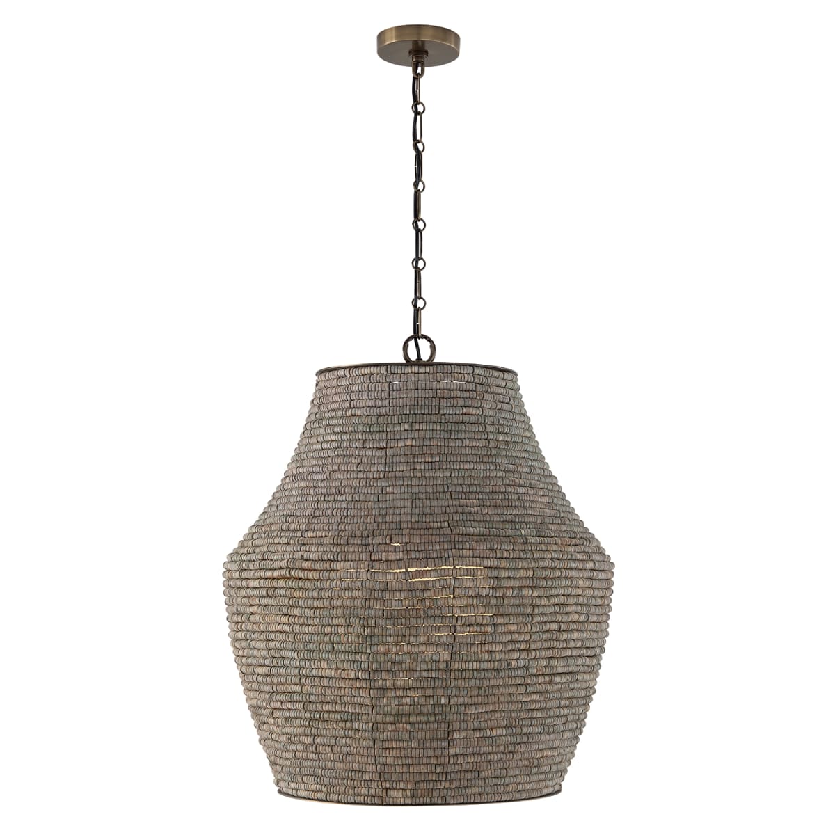 23" W x 27.5" H 1-Light Intricate Beaded Vase Pendant with Handcrafted Wooden Beads in Aegean Grey and Dark Brass with Inner Glass Globe and Decorative Designer Chain