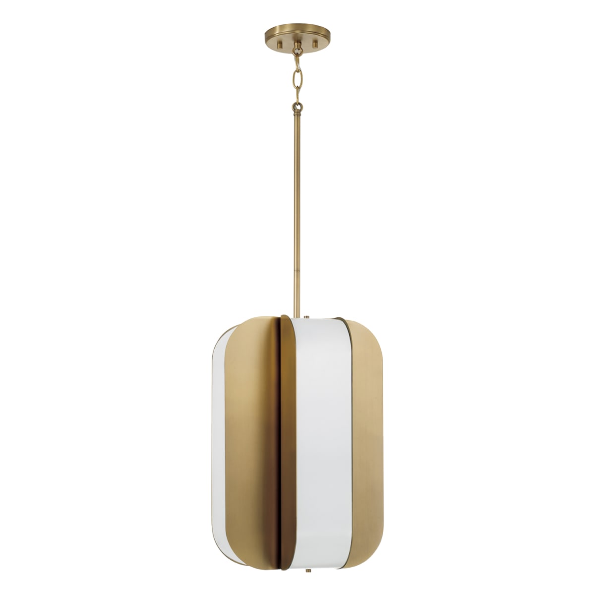 12" W x 18" H Integrated LED Pendant in Aged Brass with White Milk Glass Panels