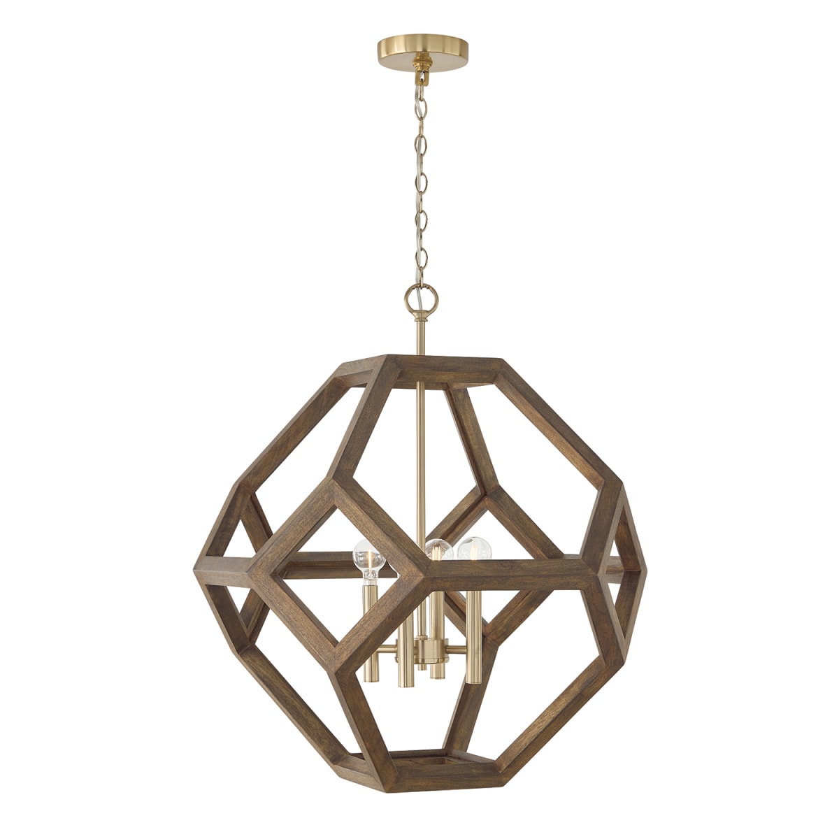 24" W x 28" H 4-Light Geometric Orb Pendant in Matte Brass with Handcrafted Mango Wood in Dark Nordic Stain