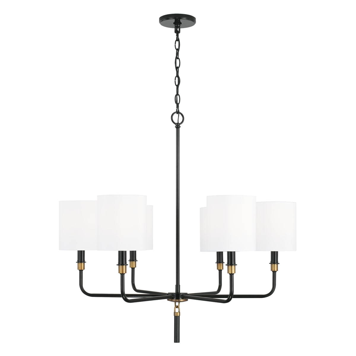 32" W x 31.5" H 6-Light Chandelier in Glossy Black and Aged Brass with White Fabric Stay-Straight Shades