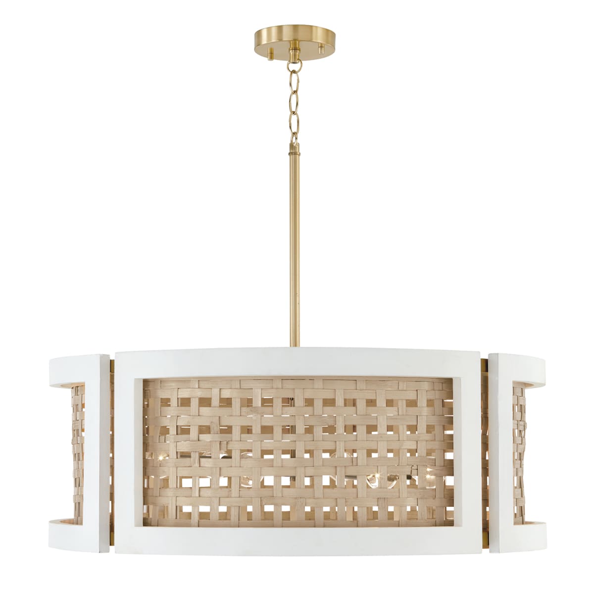 30" W x 11" H 6-Light Chandelier in Flat White and Matte Brass made with Handcrafted Mango Wood and Rattan