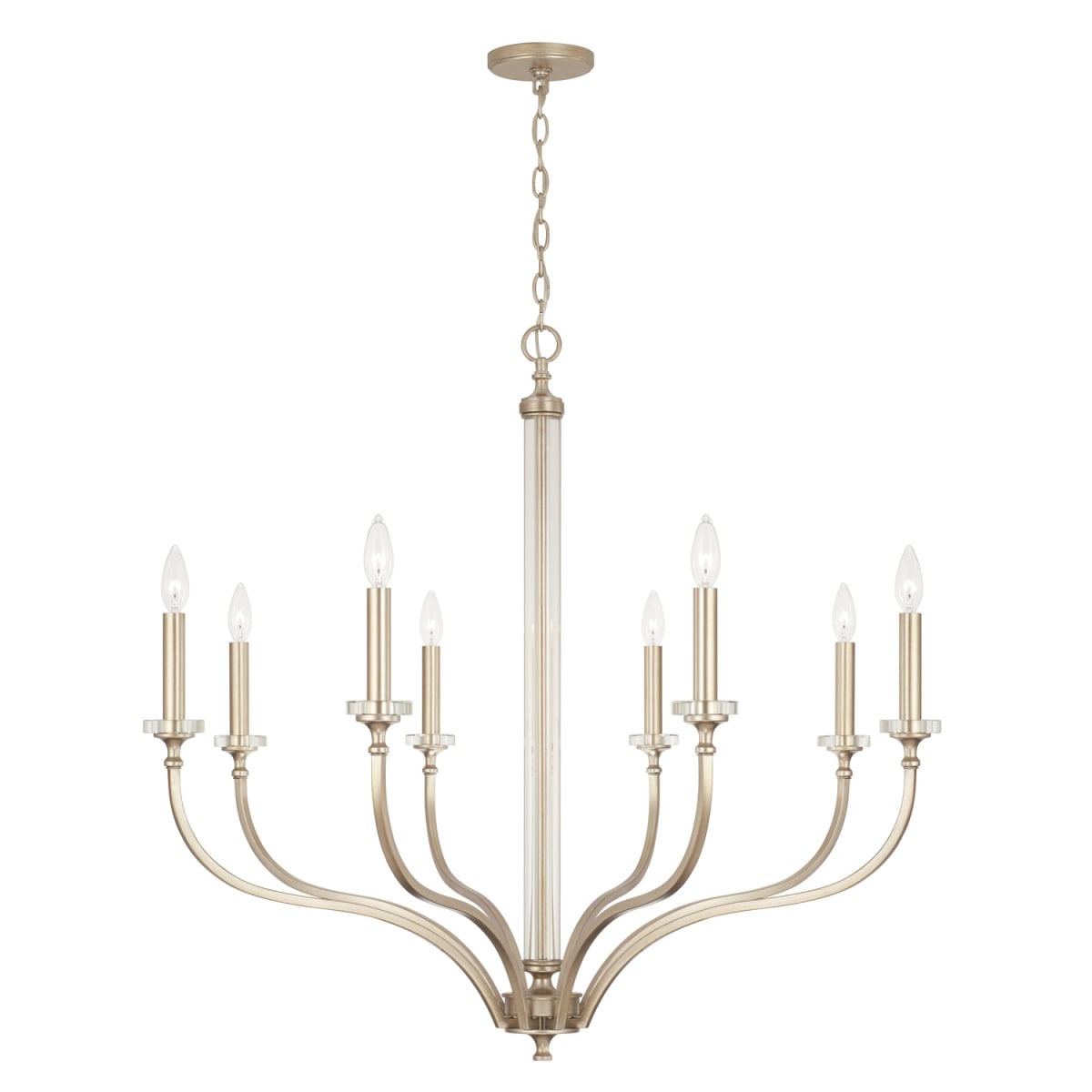38" W x 35" H 8-Light Large Chandelier in Brushed Champagne with Acrylic Column and Bobeches