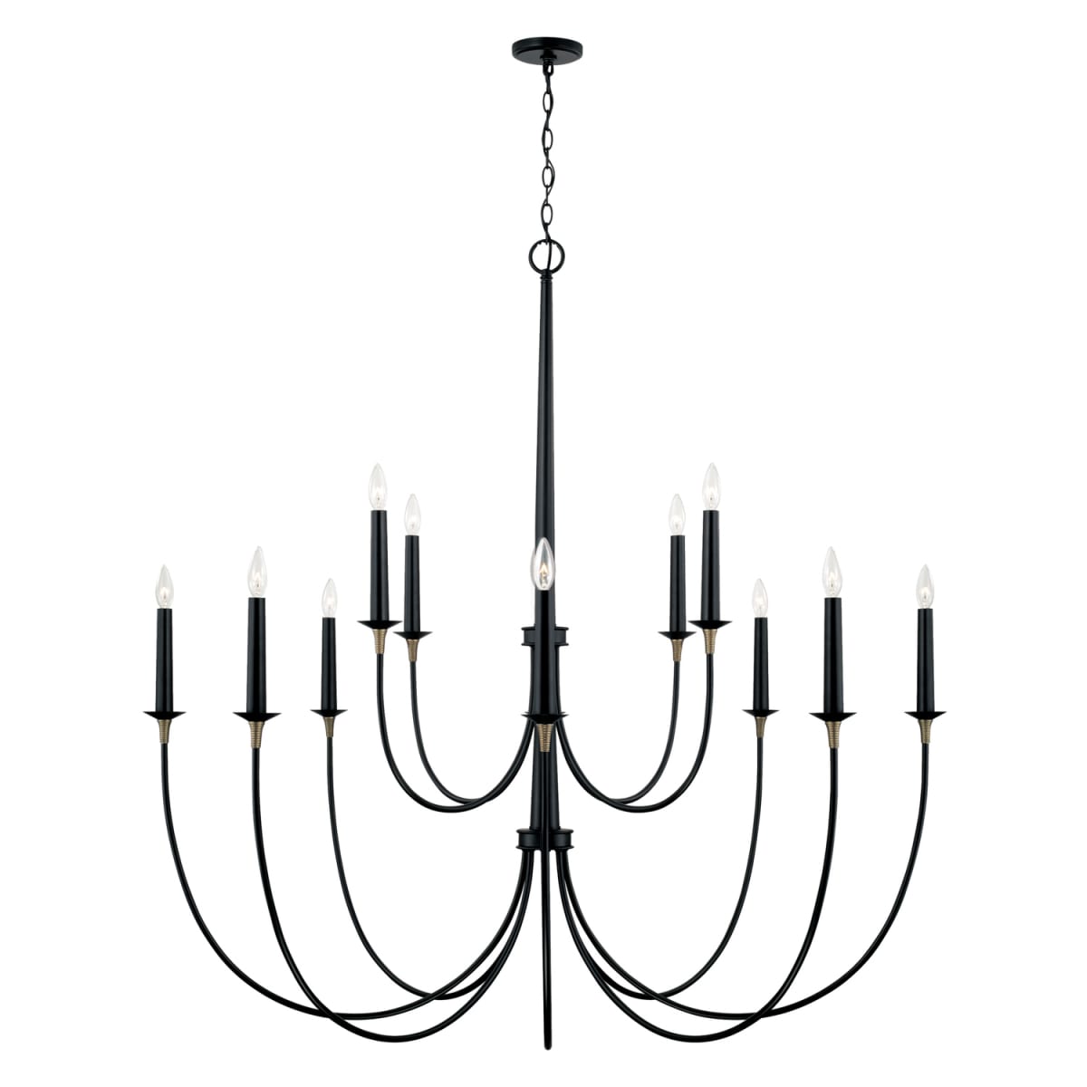 54" W x 53" H 12-Light Grand Chandelier in Matte Black with Brass Wrapped Detail