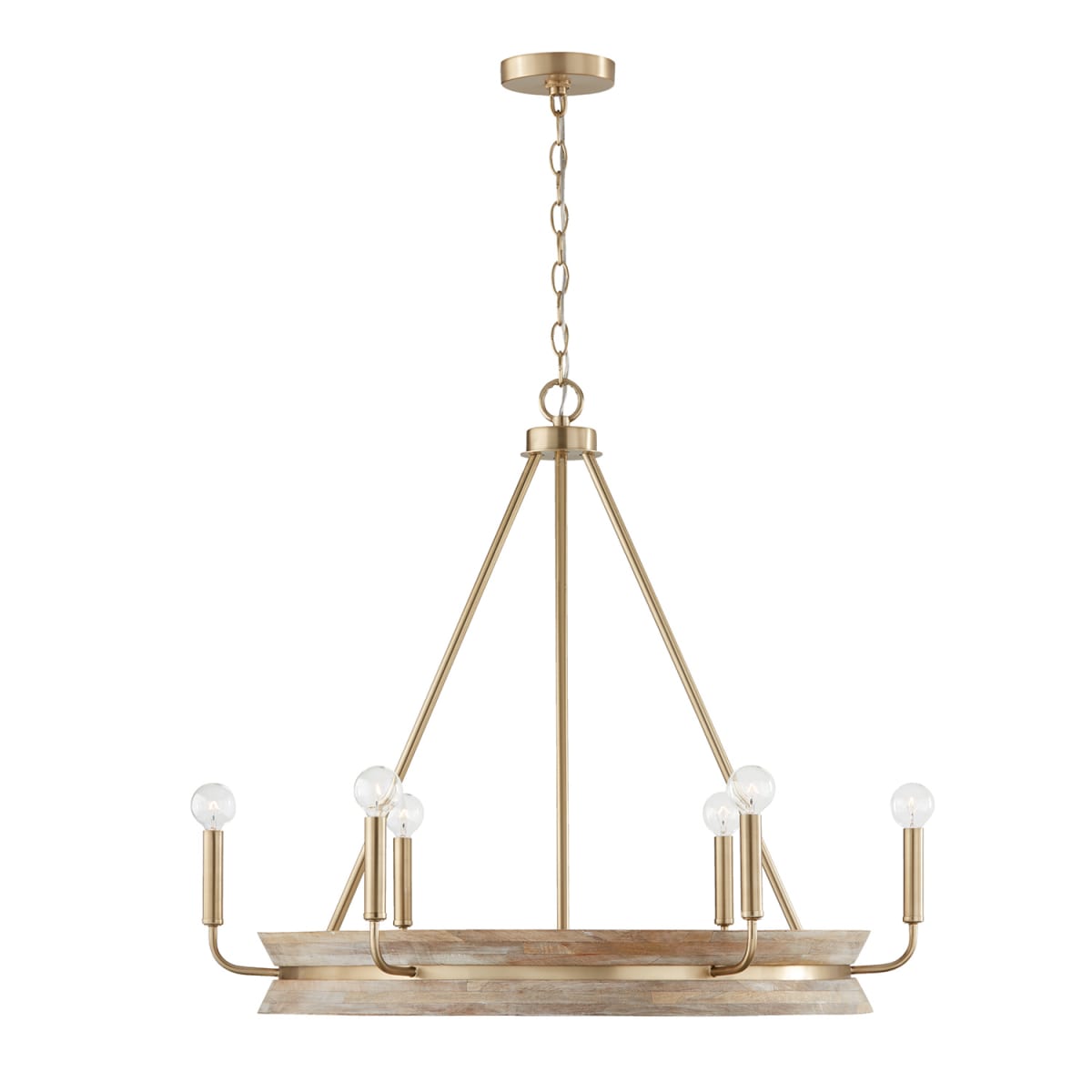 31"W x 27.25"H 6-Light Chandelier in White Wash Wood and Matte Brass
