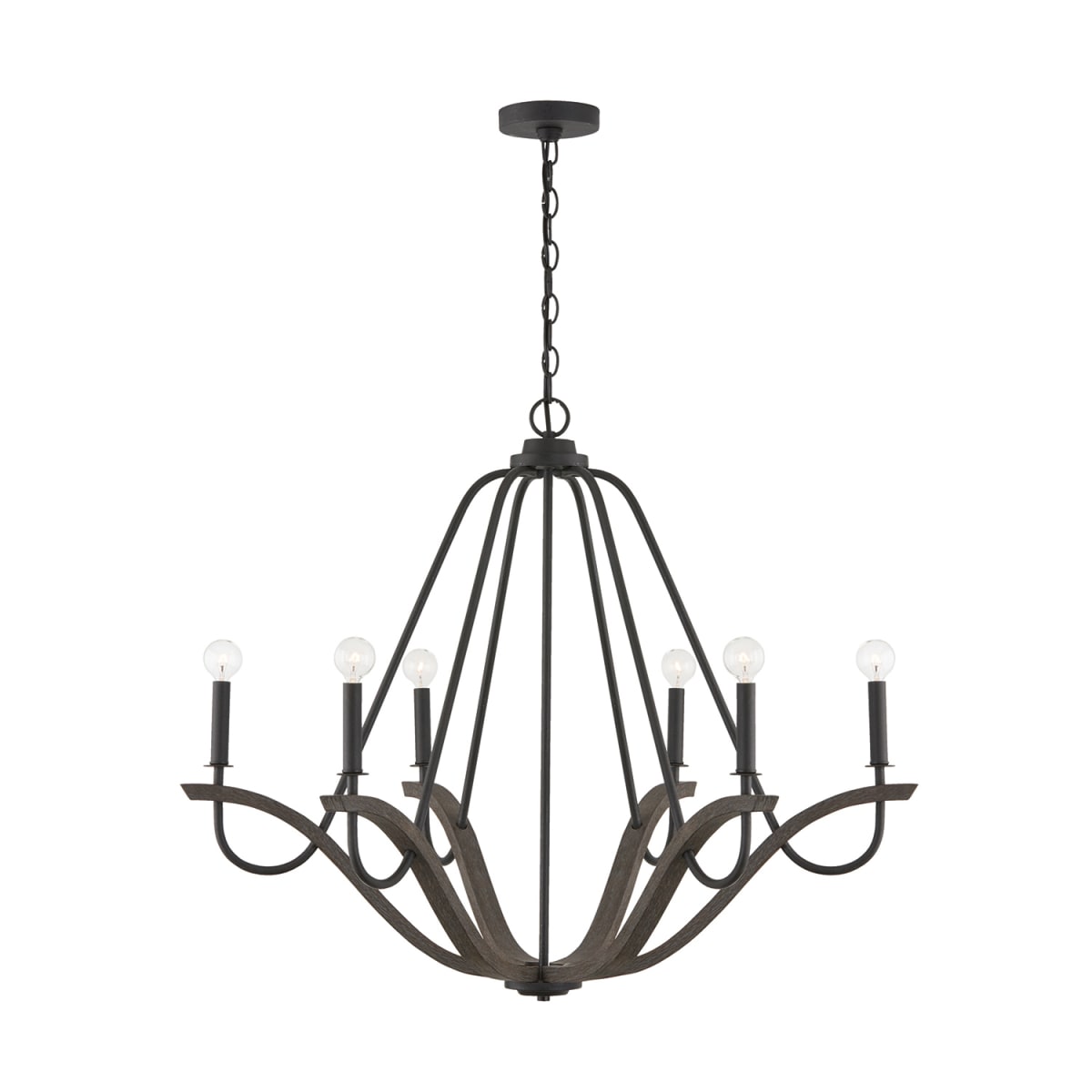 36"W x 29.5"H 6-Light Chandelier in Carbon Grey Wood and Black Iron