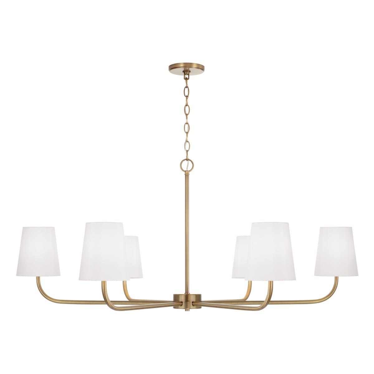 47"W x 21.25"H 6-Light Chandelier in Aged Brass with White Fabric Stay-Straight Shade