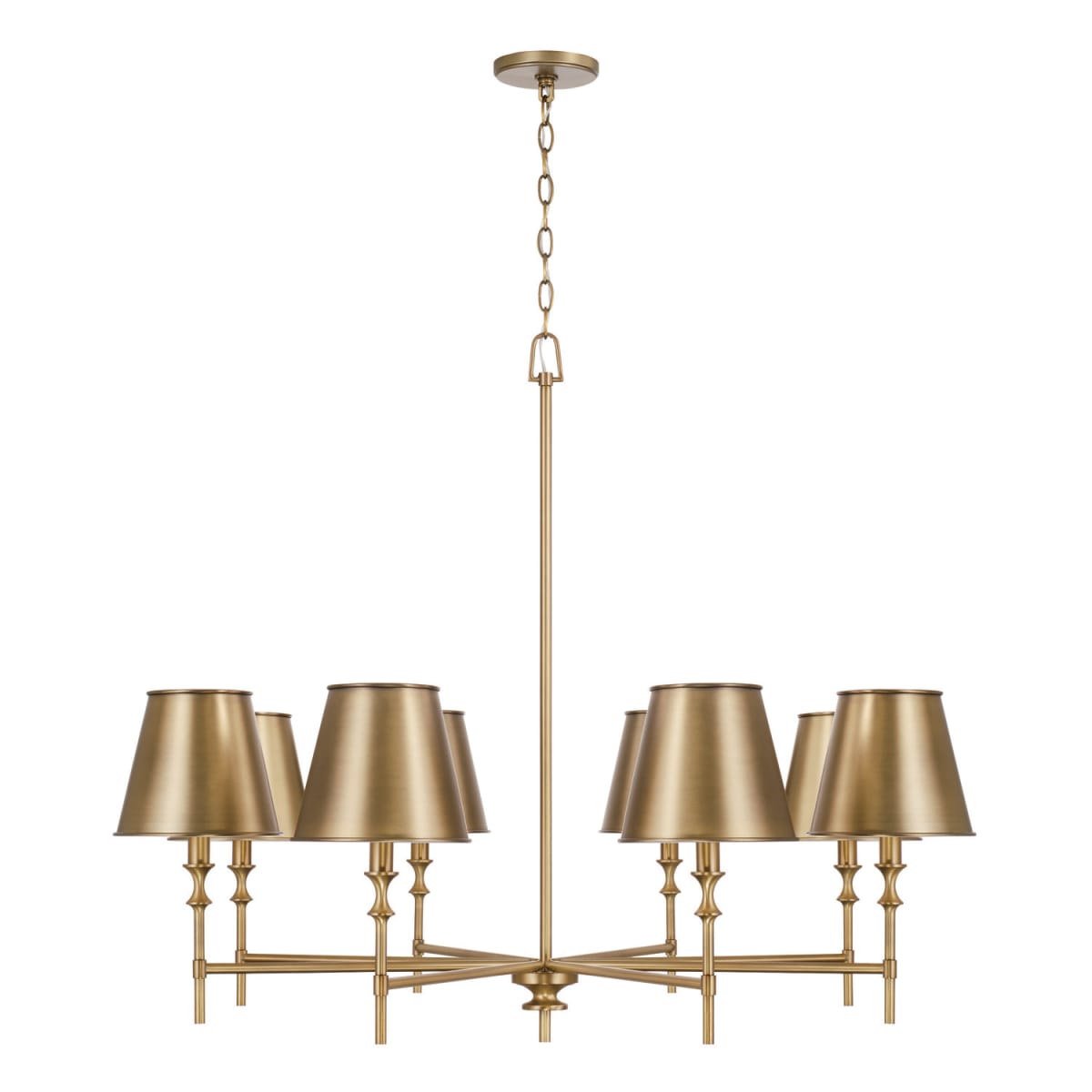 41"W x 33"H 8-Light Chandelier in Aged Brass with Metal Stay-Straight Shade with White Interior