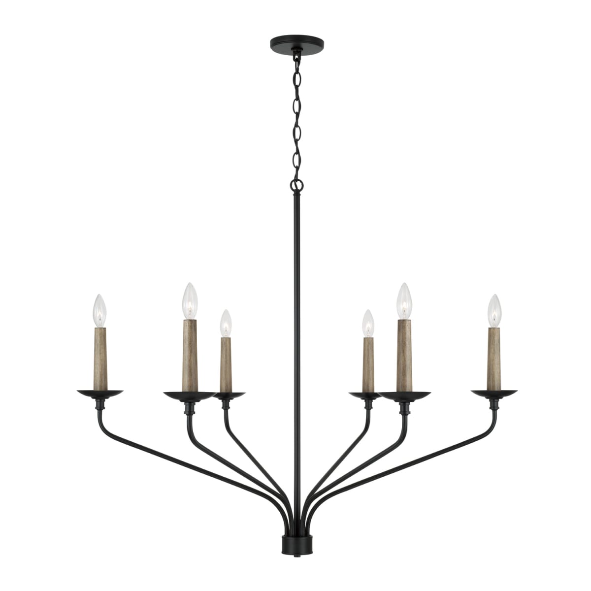 41"W x 35"H 6-Light Chandelier in Matte Black with Interchangeable Faux Wood or Matte Black Candle Sleeves