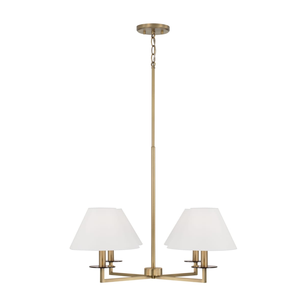 29.75"W x 19.75"H 4-Light Chandelier in Aged Brass with White Fabric Stay-Straight Shades and Interchangeable Clear or Tortoise Shell Bobeches