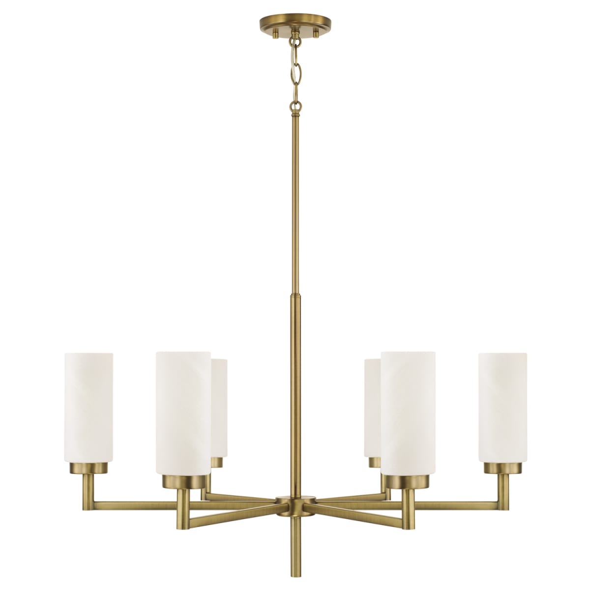 31"W x 18.25"H 6-Light Cylindrical Chandelier in Aged Brass with Faux Alabaster Glass