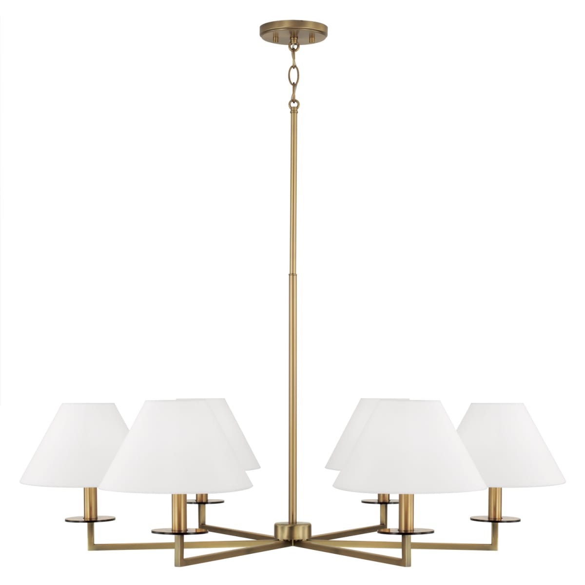 39.75"W x 19.75"H 6-Light Chandelier in Aged Brass with White Fabric Stay-Straight Shades and Interchangeable Clear or Tortoise Shell Bobeches