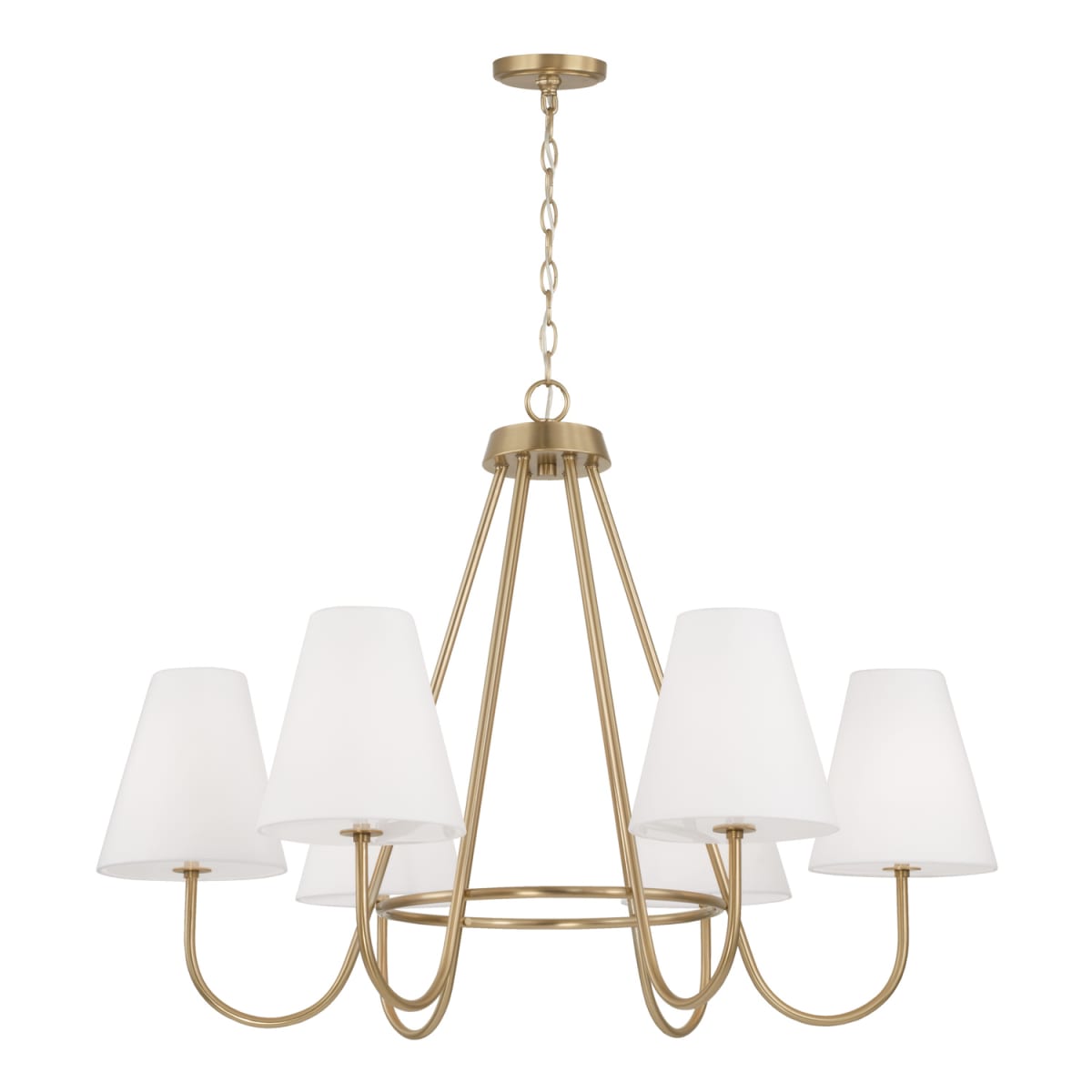 36"W x 26.25"H 6-Light Chandelier in Matte Brass with Tapered White Fabric Shades and Glass Diffusers