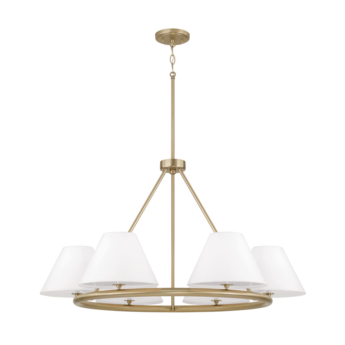 35"W x 19.50"H 6-Light Circular Chandelier in Matte Brass with White Fabric Shades and Glass Diffusers