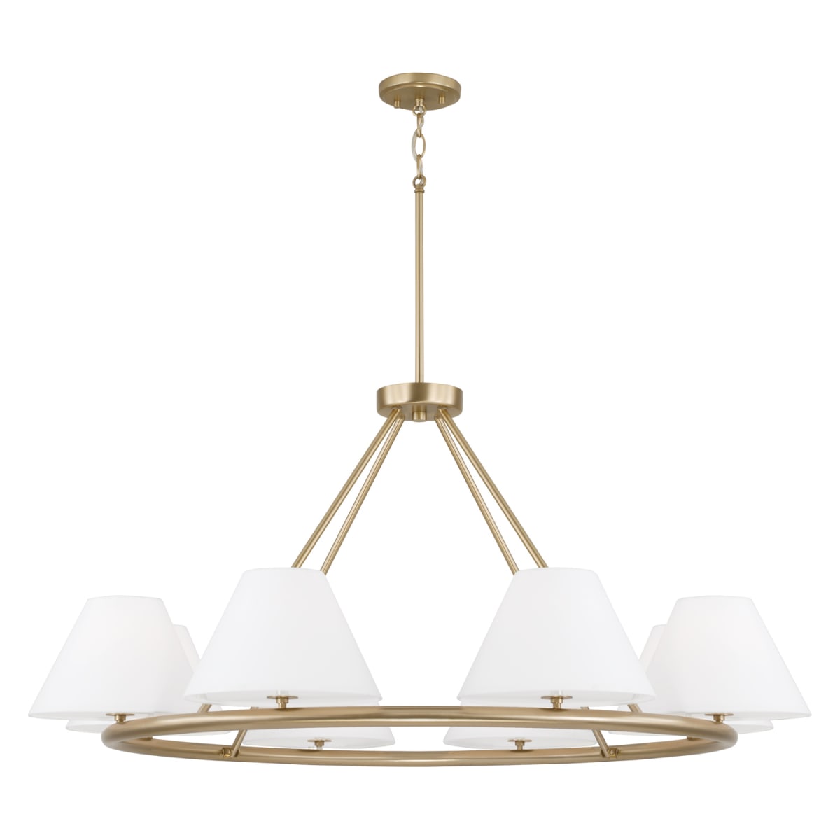 44.75"W x 20.50"H 8-Light Circular Chandelier in Matte Brass with White Fabric Shades and Glass Diffusers
