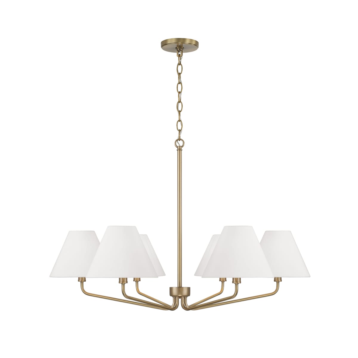 34" W x 22.5" H 6-Light Angular Chandelier in Aged Brass with Tapered White Fabric Shades