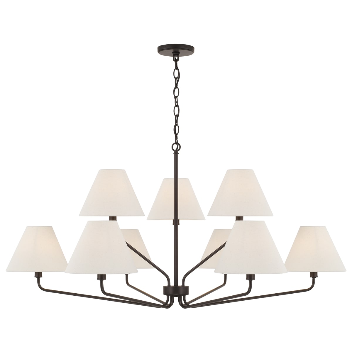 46" W x 22.5" H 9-Light Angular Two-Tier Chandelier in Espresso with Tapered Soft Tan Fabric Shades