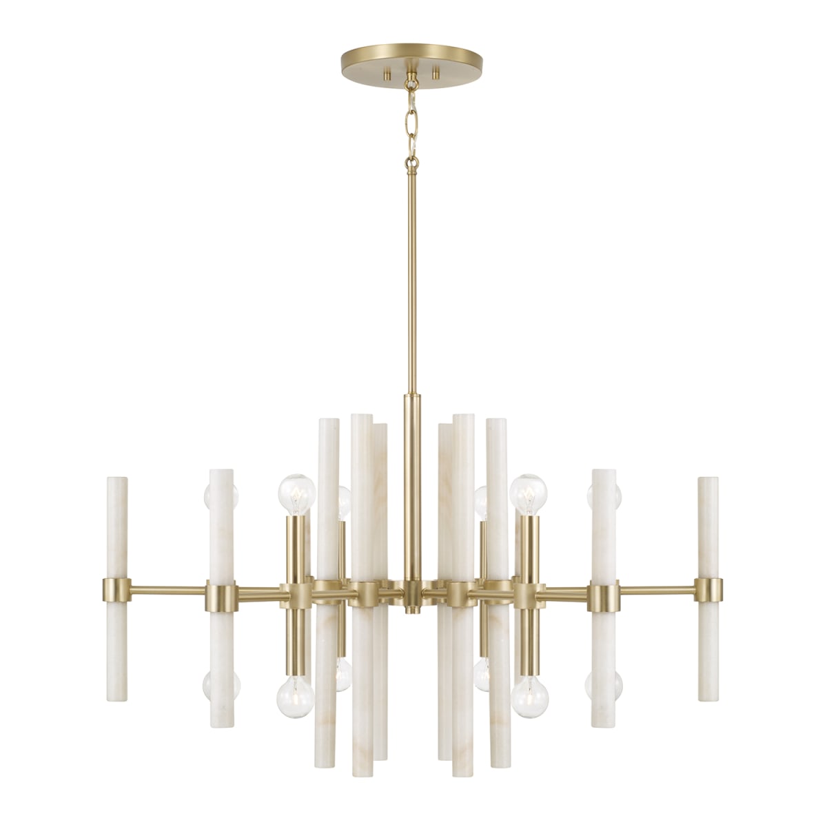 34.75" W x 20" H 8-Light Chandelier in Matte Brass with Real White Marble Rods