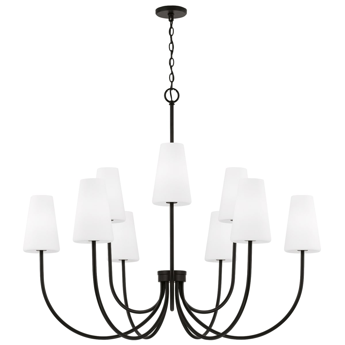 46" W x 32.25" H 9-Light Two-Tier Chandelier in Matte Black with Tapered Soft White Glass