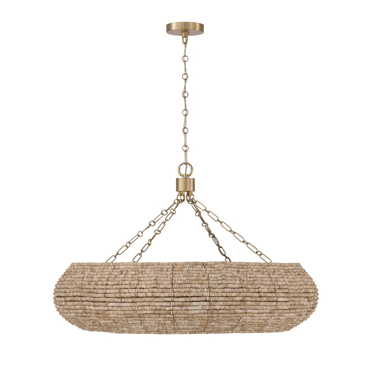 35" W x 21.75" H 8-Light Intricate Beaded Chandelier with Handcrafted Wooden Beads in Light Fawn and Matte Brass and Elevated Designer Chain
