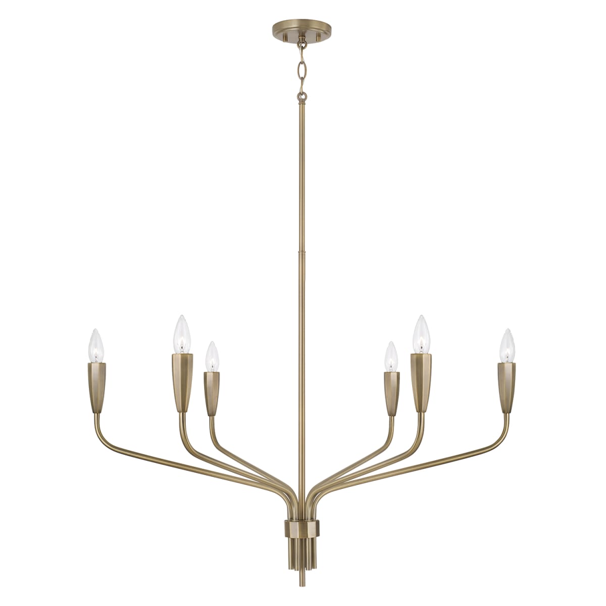 34.5" W x 25.25" H 6-Light Chandelier in Antiqued Brass with Botanical Arm Silhouette and Faceted Candlesleeves