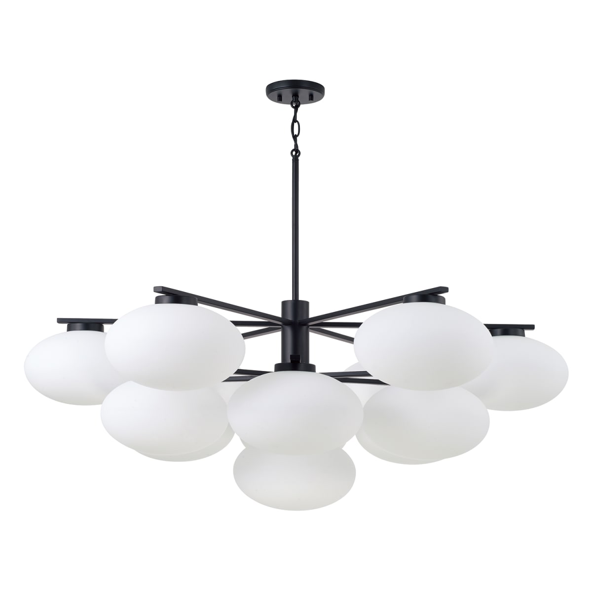 45.5" W x 17.75" H 10-Light Two-Tier Chandelier in Matte Black with Soft White Glass Oval Globes