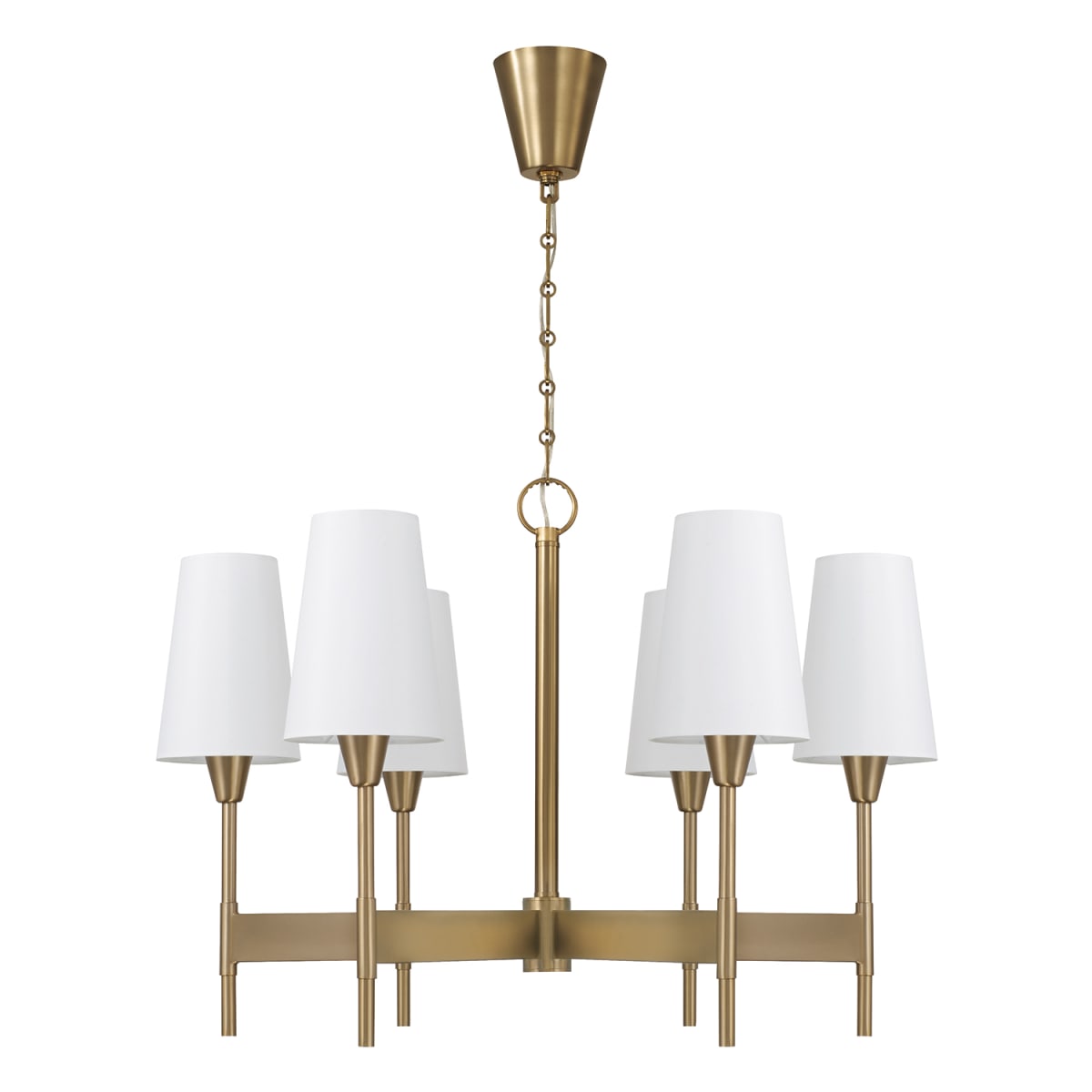 32" W x 22.75" H 6-Light Chandelier in Aged Brass with White Fabric Shades and Designer Canopy
