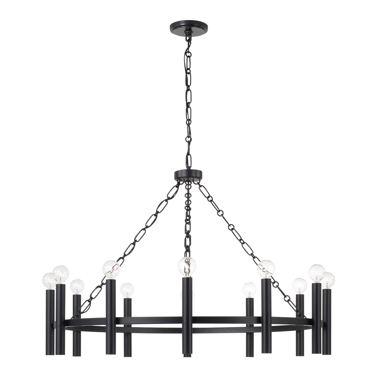 35" W x 24" H 10-Light Ring Chandelier in Matte Black with Cylindrical Candlesticks and Specialty Decorative Designer Chain