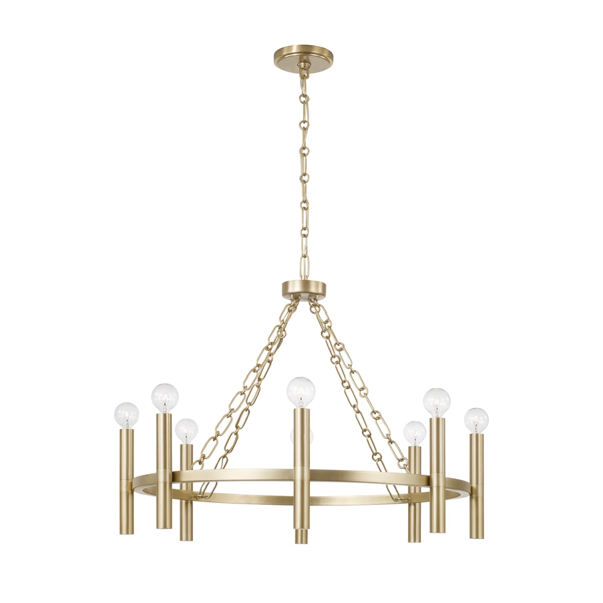 28" W x 21" H 8-Light Ring Chandelier in Matte Brass with Cylindrical Candlesticks and Specialty Decorative Designer Chain
