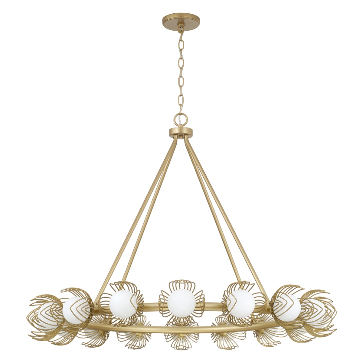 39" W x 30" H 16-Light Chandelier in Buffed Gold with Bent Wire Flower Petals and Soft White Glass Globes