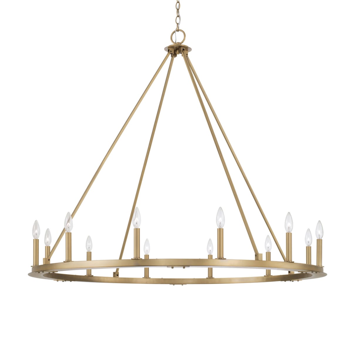 48"W 12-Light Wagon Wheel Chandelier in Aged Brass