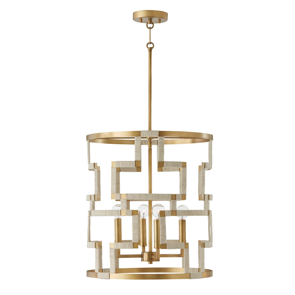 18" W x 20.5" H 4-Light Foyer in Bleached Natural Jute and Patinaed Brass - Greek Key Pattern Artisan Crafted