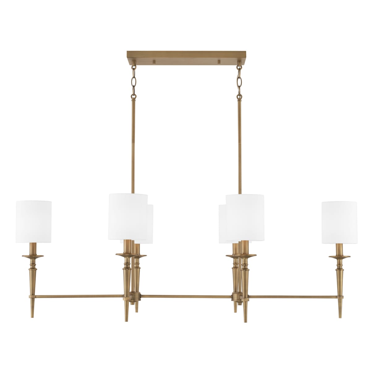 48" W x 25" H x 24" E 6-Light Linear Chandelier Pendant Linear in Aged Brass with White Fabric Stay-Straight Shades