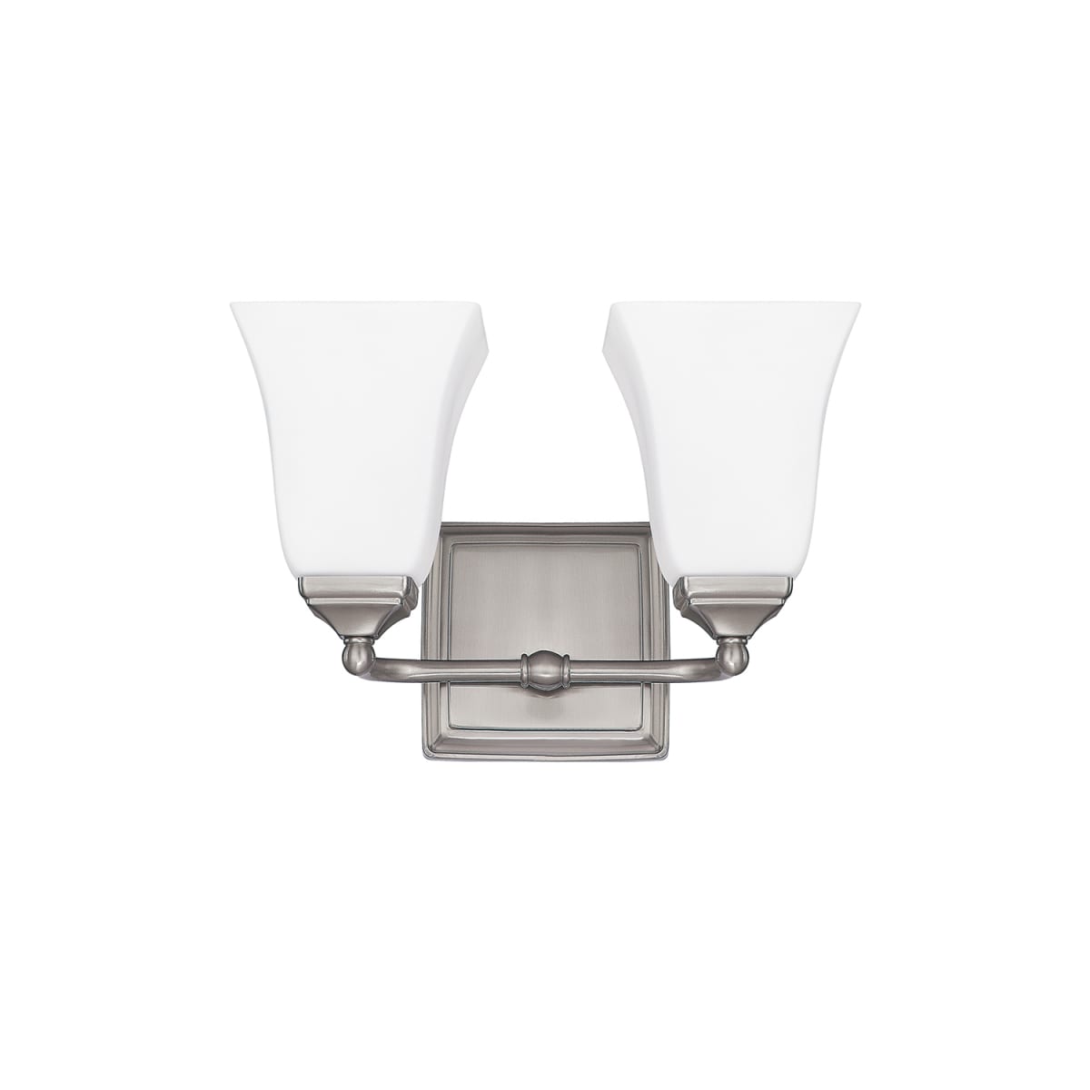 12.5" W x 8.5" H x 6.5" E 2-Light Vanity in Brushed Nickel with Soft White Glass Shades