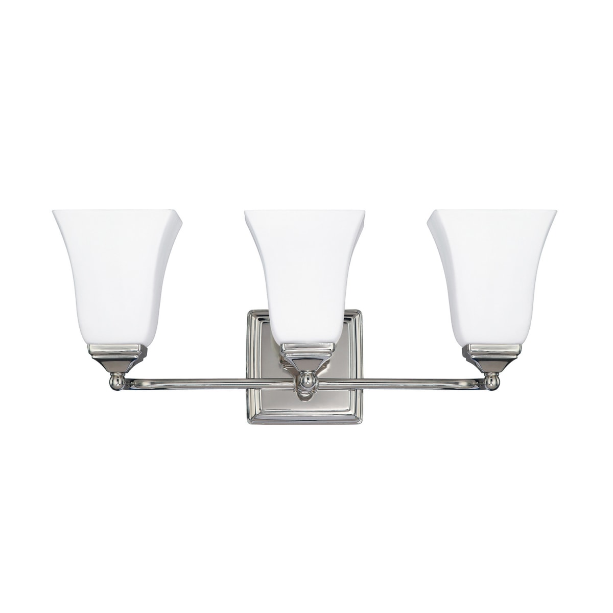 20" W x 8.5" H x 6.5" E 3-Light Vanity in Polished Nickel with Soft White Glass Shades