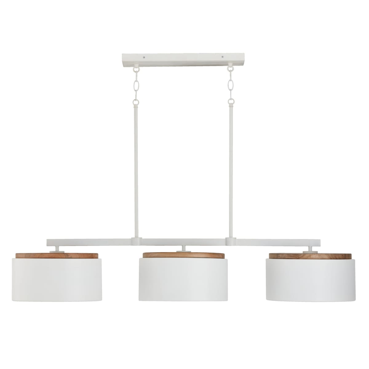 46.50"W x 8.50"H 3-Light Linear Chandelier in White with Mango Wood and Matte White Metal Shades