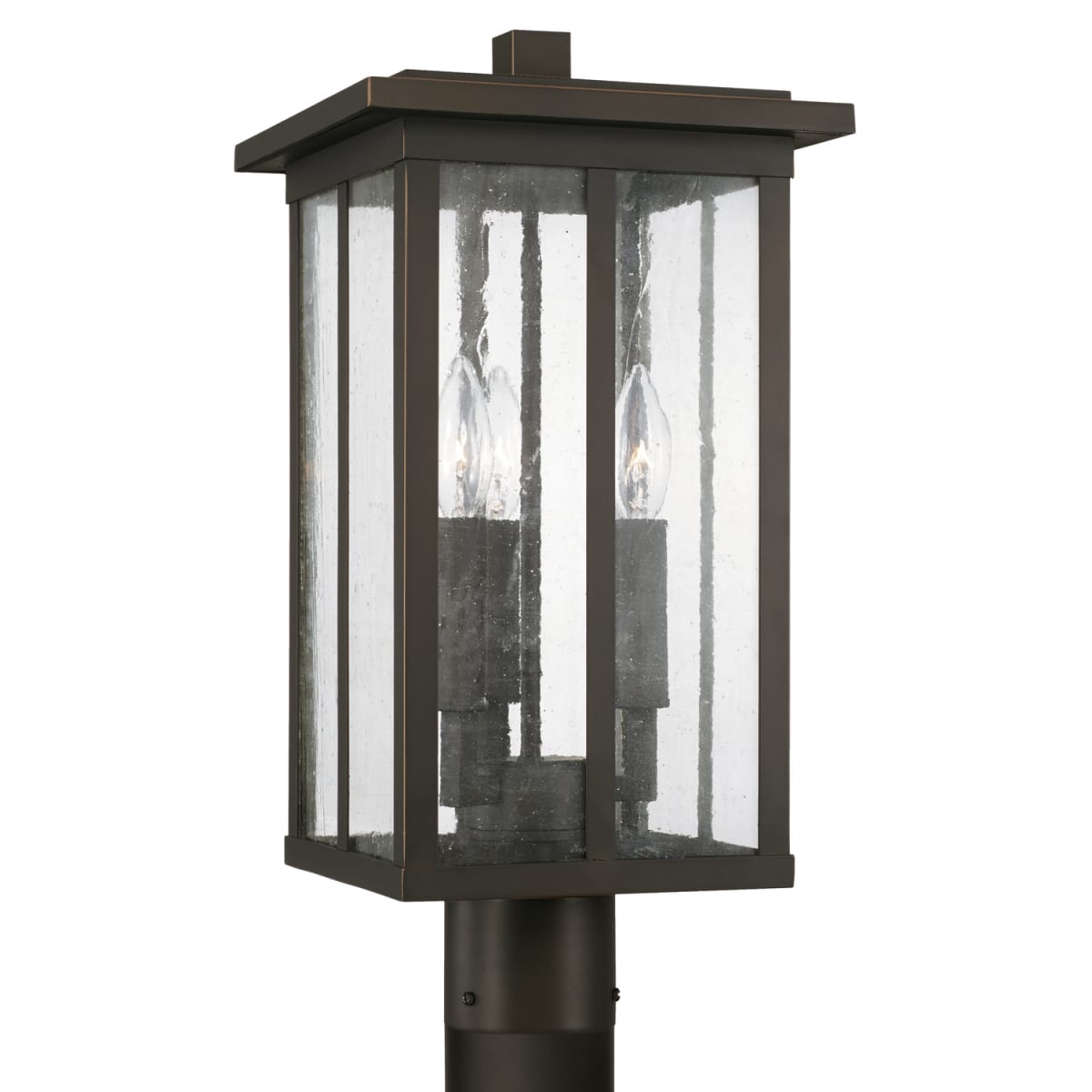 9" W x 19" H 3-Light Outdoor Post Lantern in Oiled Bronze with Antiqued Glass