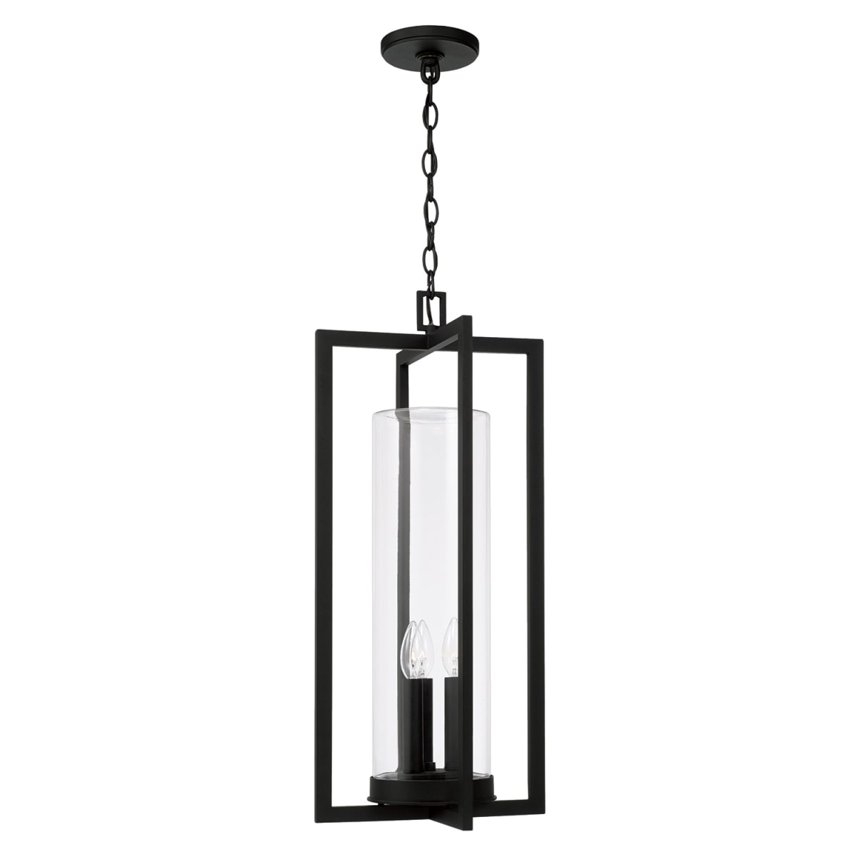 12"W x 27.25"H 3-Light Outdoor Hanging Lantern in Black with Clear Glass Cylinder